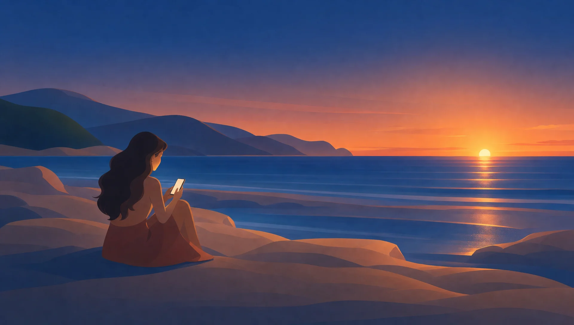 Au coucher du soleil, une jeune femme assise sur les rochers regarde son téléphone au lieu du ciel derrière elle