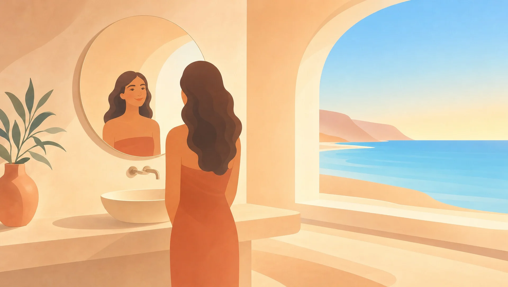 Le matin, une jeune femme se regarde dans un miroir rond, avec un léger sourire