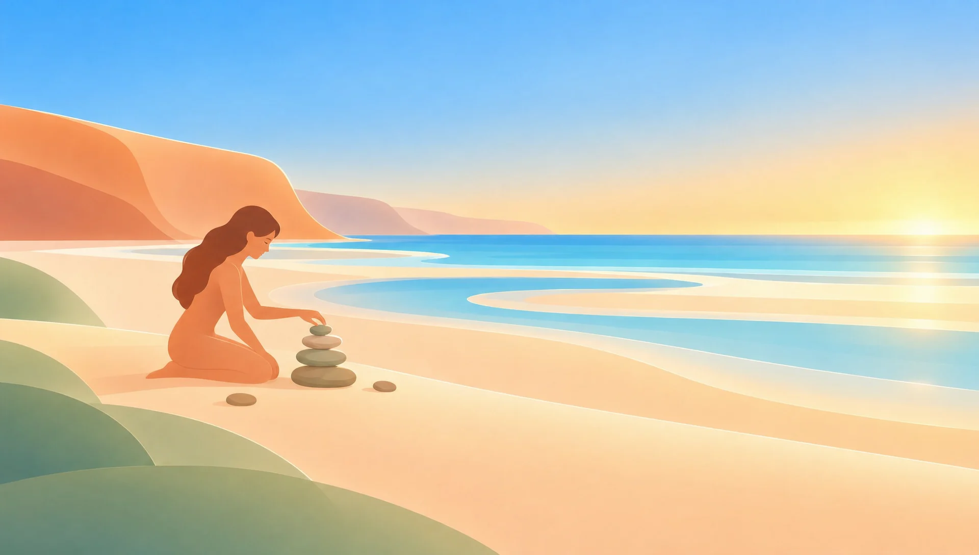 Le matin sur la plage, une jeune femme empile des galets en un petit cairn