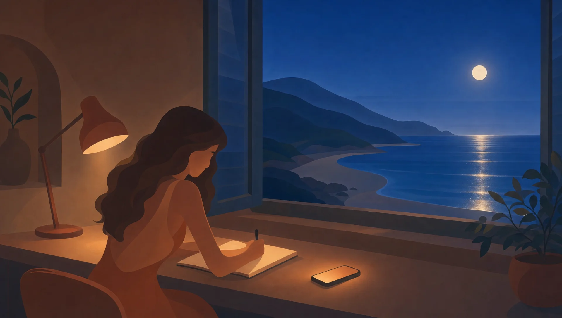 Le soir, une jeune femme écrit dans un carnet à son bureau, son téléphone posé à côté, la mer à la fenêtre