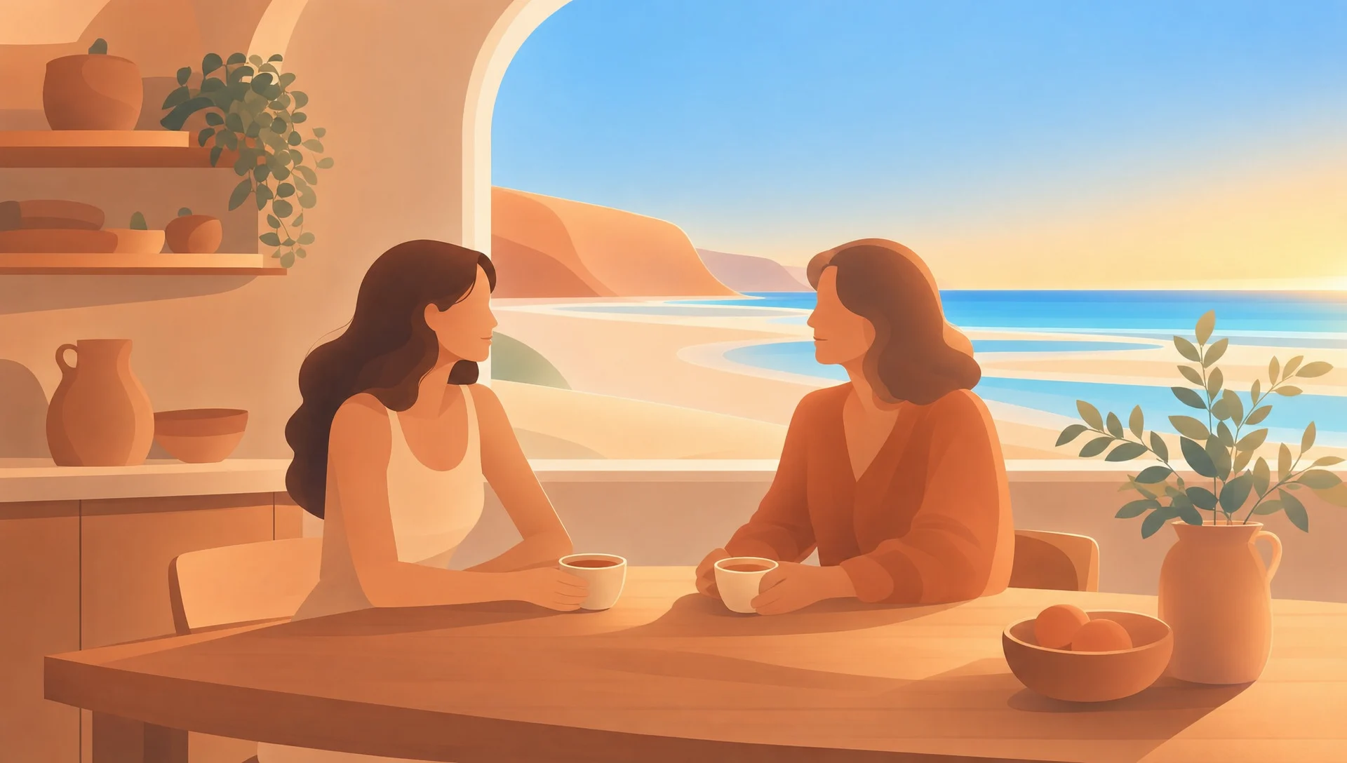 Une mère et sa fille adulte prennent un thé à la table de la cuisine et se parlent calmement
