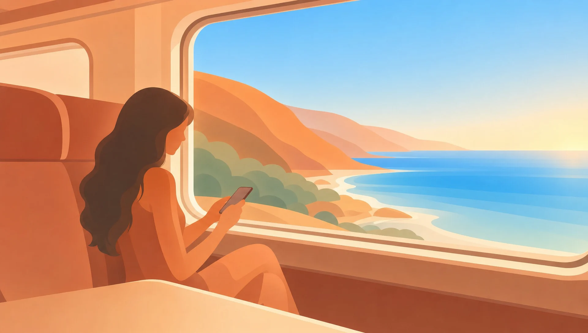Une jeune femme écrit sur son téléphone dans un train qui longe la côte