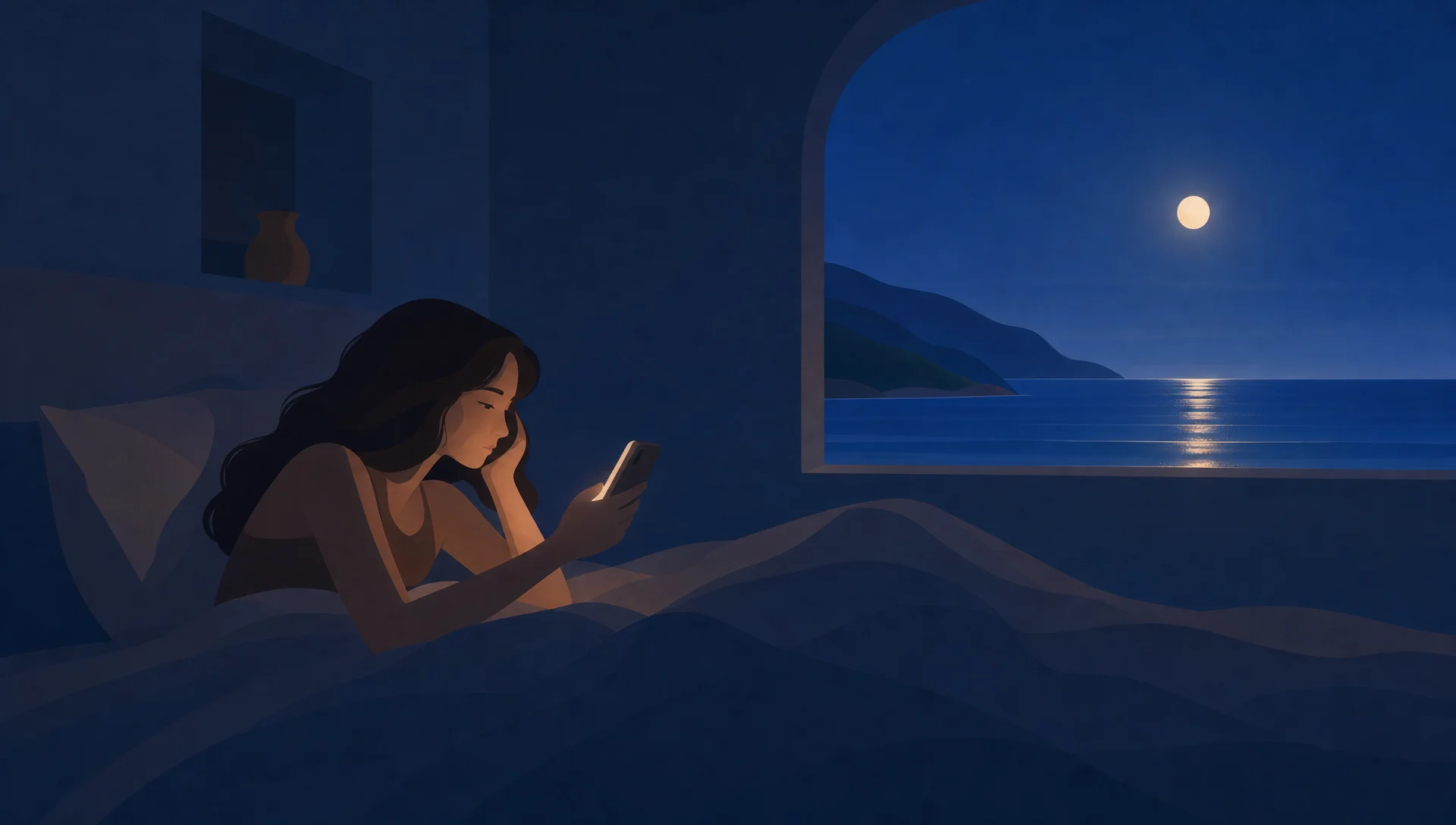 La nuit, dans son lit, une jeune femme regarde des stories sur son téléphone, le visage éclairé par l'écran