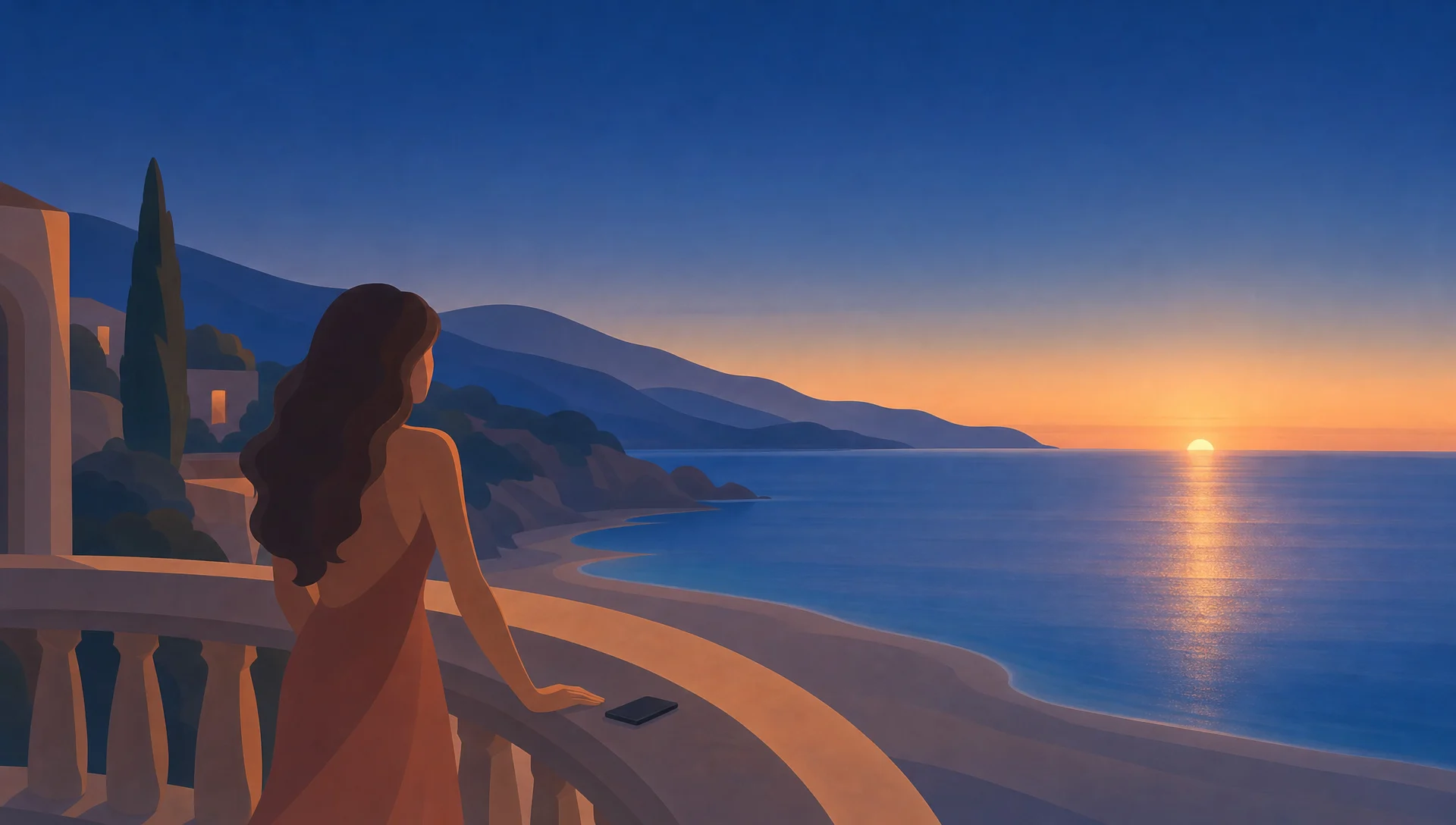 Au crépuscule, une jeune femme sur un balcon au-dessus de la mer, son téléphone posé face contre la rambarde