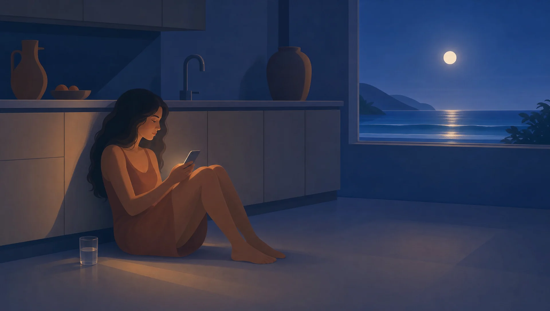 La nuit, une jeune femme assise par terre dans sa cuisine, son téléphone à la main, un verre d'eau à côté d'elle
