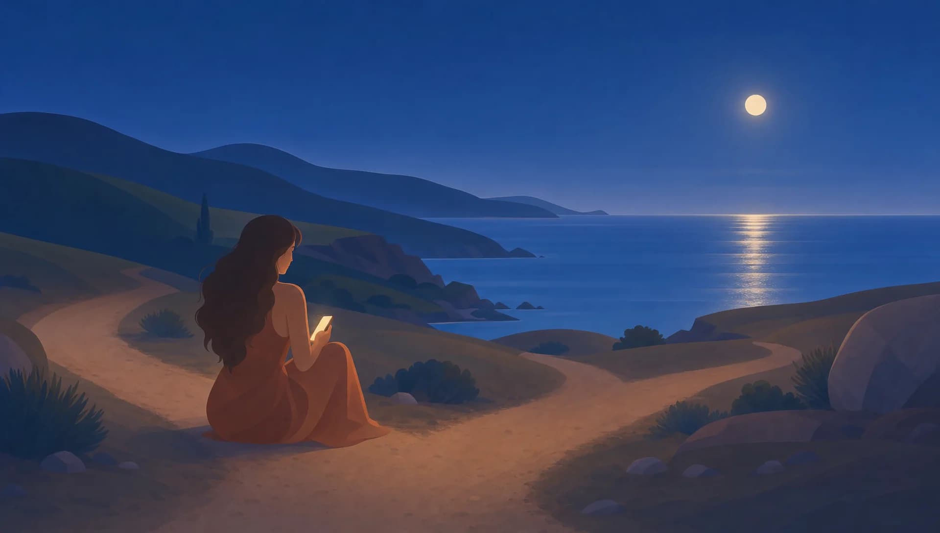 La nuit, une jeune femme assise sur un chemin au-dessus de la mer, son téléphone allumé à la main