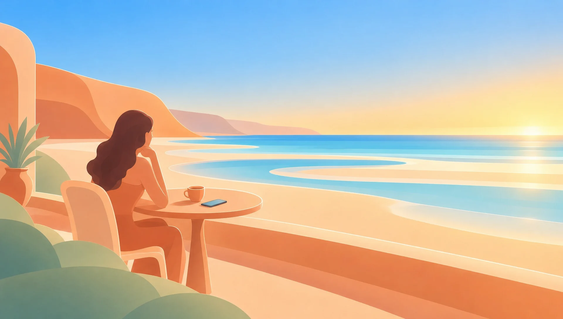 Une jeune femme à la terrasse d'un café au bord de la mer, son téléphone posé sur la table à côté de son café